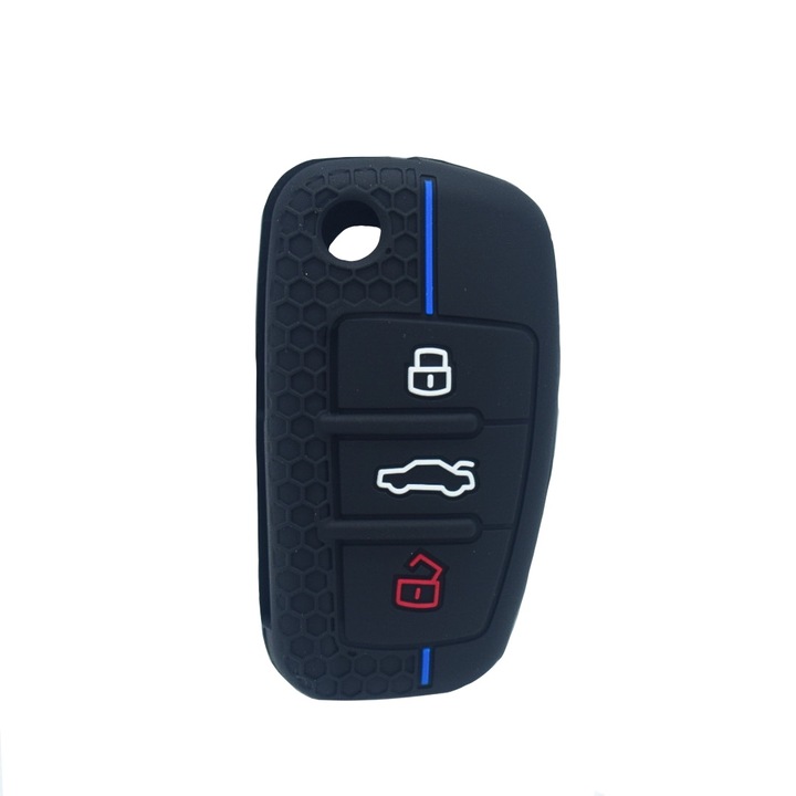 Husa cheie tip briceag 3 butoane Audi, model sport, din silicon, negru/albastru