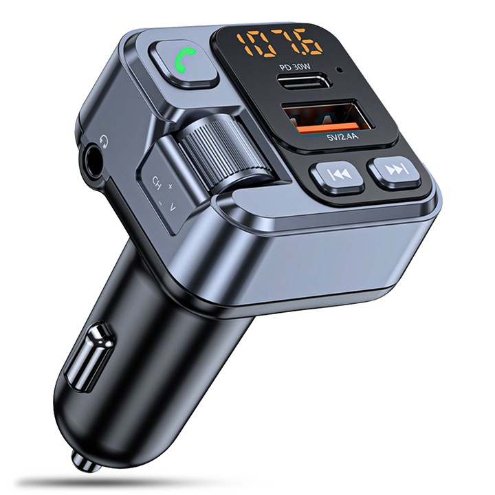 Modulator FM Timebox, Handfree, Incarcator auto cu functie de incarcare rapida 30w, QC 3.0, Port USB Type-C, Conector AUX, Bluetooth 5.0