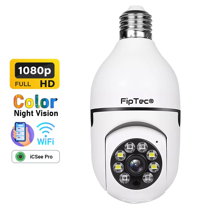 WiFi Камера за Наблюдение тип Крушка, Full HD, Въртяща се и Управление През Телефон, Бяла