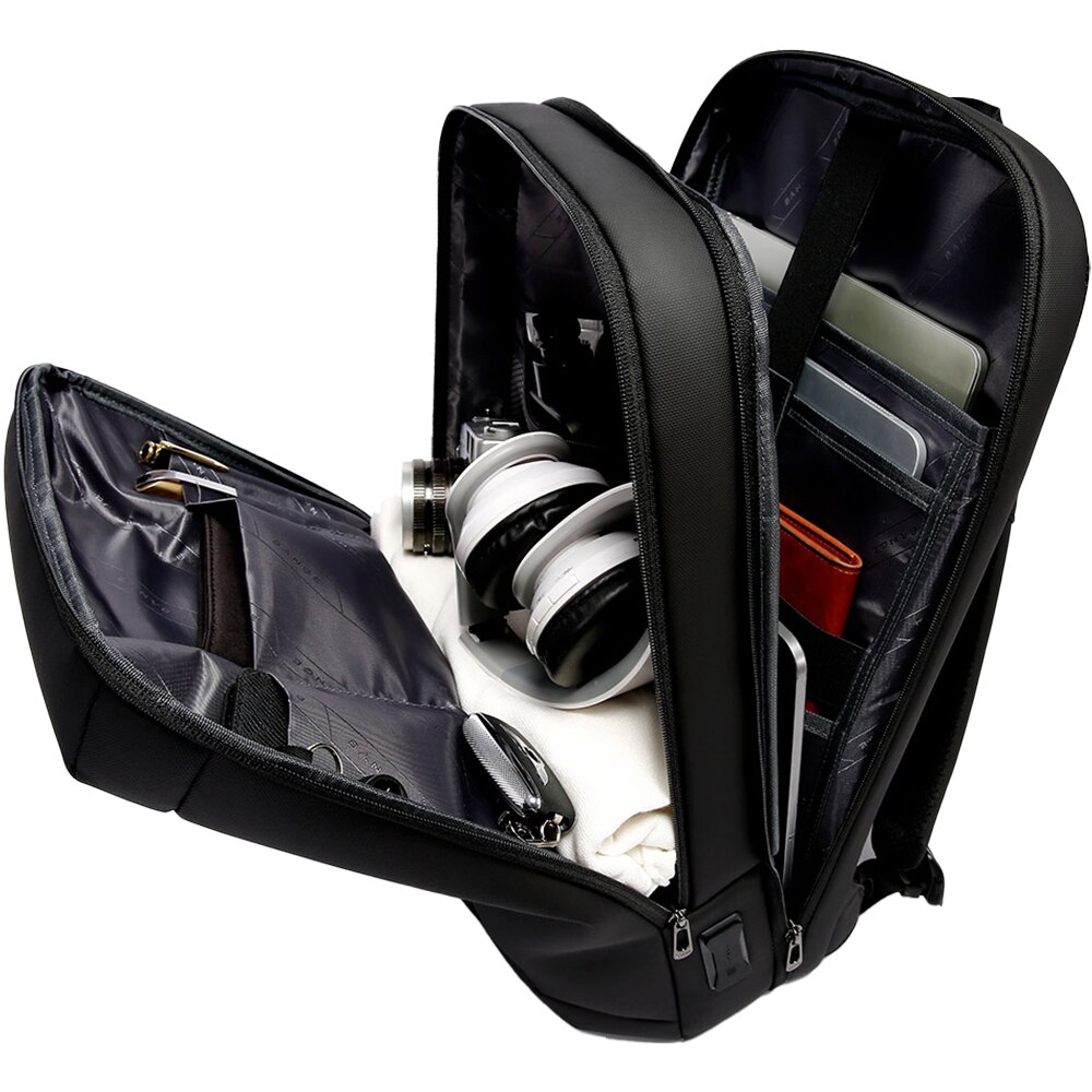 Rucsac laptop 15.6 inch, rezistent la apa, cu port USB, si USB-C, compartiment tableta, sistem fixare pe valiza, buzunar antifurt BANGE, BG7677BK, Negru