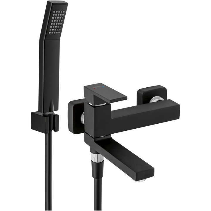 Смесител за вана/душ Ferro Staccato, Включен душ комплект, Керамичен патрон, Аератор, Ограничител на водния поток, Черен