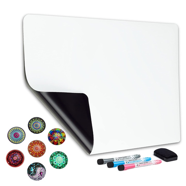 Tabla magnetica frigider, Cu 7 autocolante, 21 x 30 cm, 3 markere + burete, Alb