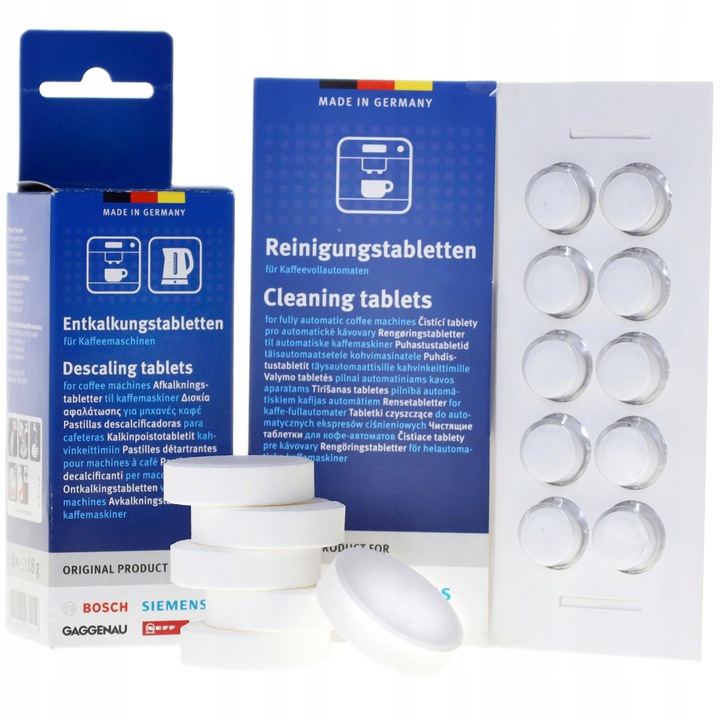 Kit intretinere espressor Bosch / Siemens, solutie decalcifiere 6 bucati, tableta de curatare 10 bucati, 00311864, 00311969