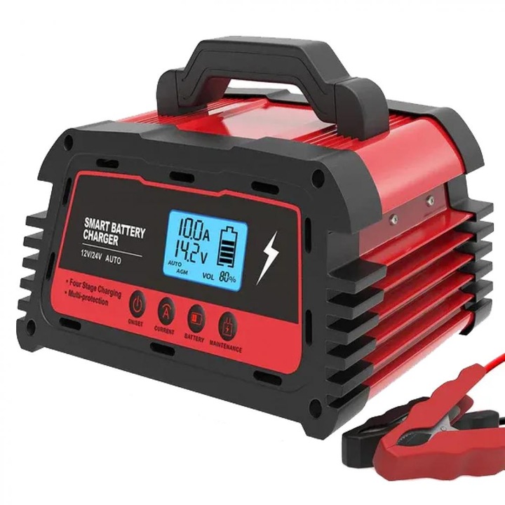 Интелигентно зарядно за кола, Rugged, 12V/24V, 5A-10A- 20A/5A- 10A, за всички видове киселинни и гелови акумулатори, AGM, SLA, VRLA, червено, 205x200x115 mm