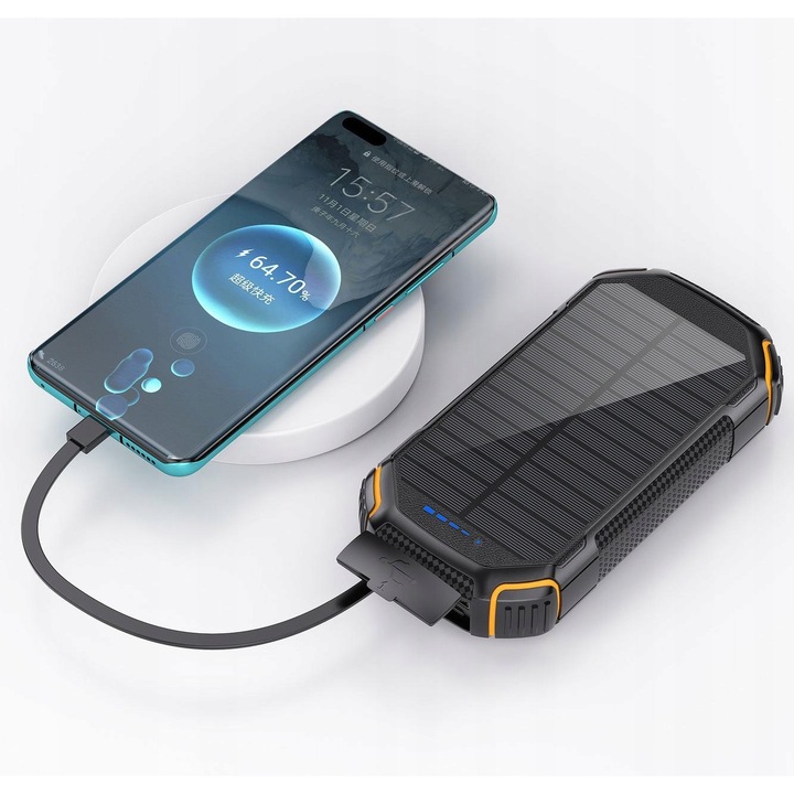 Külső napelemes akkumulátor, 20000 mAh, 22,5 W, Napelemmel, Fekete