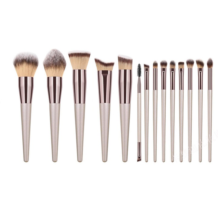 Set pensule machiaj 14 piese Zeaicos, fibre sintetice premium, culoare Champagne Gold, ideal pentru aplicare si blending