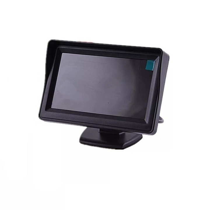 Monitor auto universal pentru camera de marsarier, motoLEDy, Set 3 piese cu accesorii de montaj, 4.3 inch, Ecran TFT LCD color, Rezolutie 480 x 272, Doua intrari video, Comutare automata, Alimentare 12V, Suport PAL/NTSC, Negru