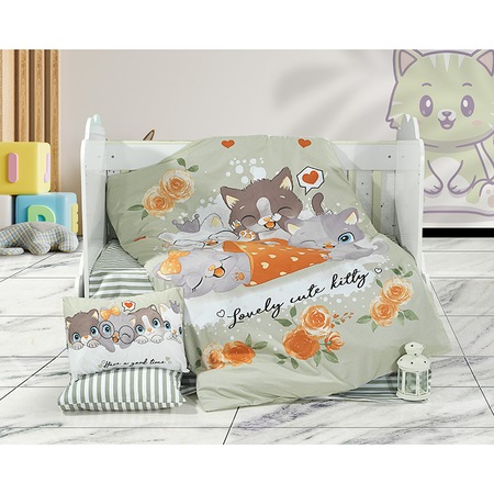 Lenjerie patut bebe Happy Cats, 4 piese, bumbac ranforce, Bej, cearceaf de pat 120x160 cm, cearceaf pilota 100x150 cm, fata de perna 2x 35x45 cm