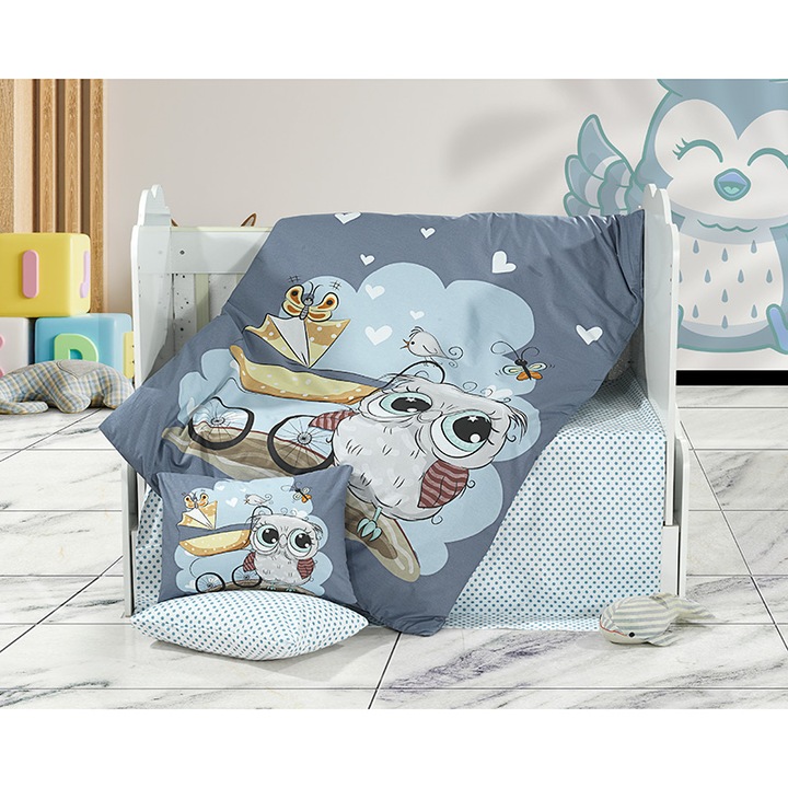 Lenjerie patut bebe Bufnita, 4 piese, bumbac ranforce, Gri inchis, cearceaf de pat 120x160 cm, cearceaf pilota 100x150 cm, fata de perna 2x 35x45 cm