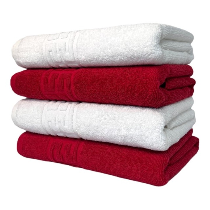 Комплект 4 кърпи за ръце, памук, двуцветни, гръцки бордюр, 500гр/м², 30х50см, бяло-бордо