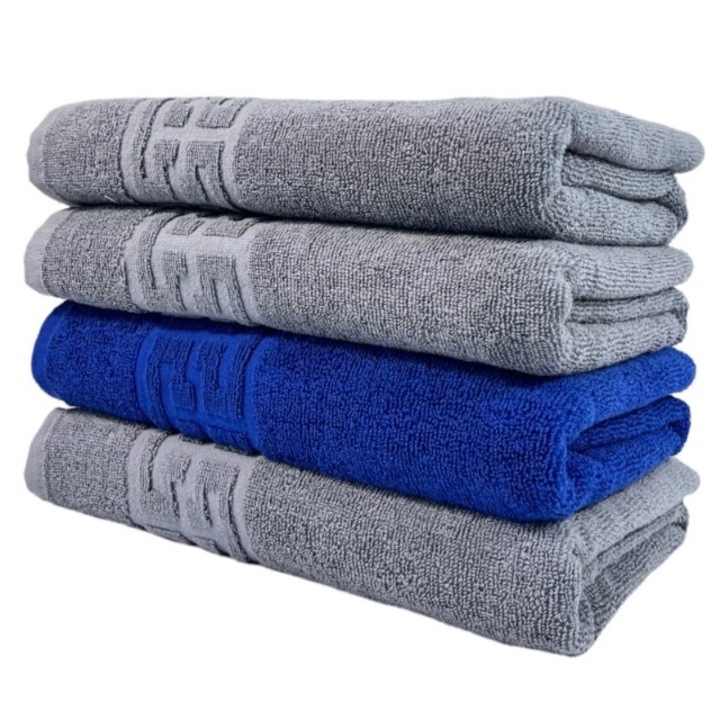 Комплект 4 кърпи за баня, памук, двуцветни, Greek Border, 500 гр/м², 70x140 см, Сив/Тъмносин