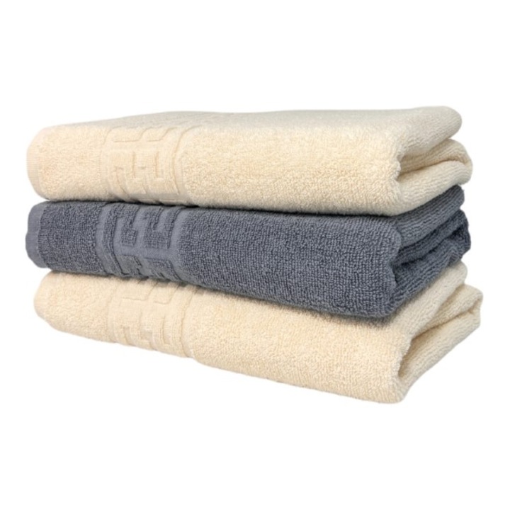 Set 3 prosoape de maini, Bumbac, Bicolor, Bordura Greceasca, 500g/m², 30x50cm, Ivoire-Gri