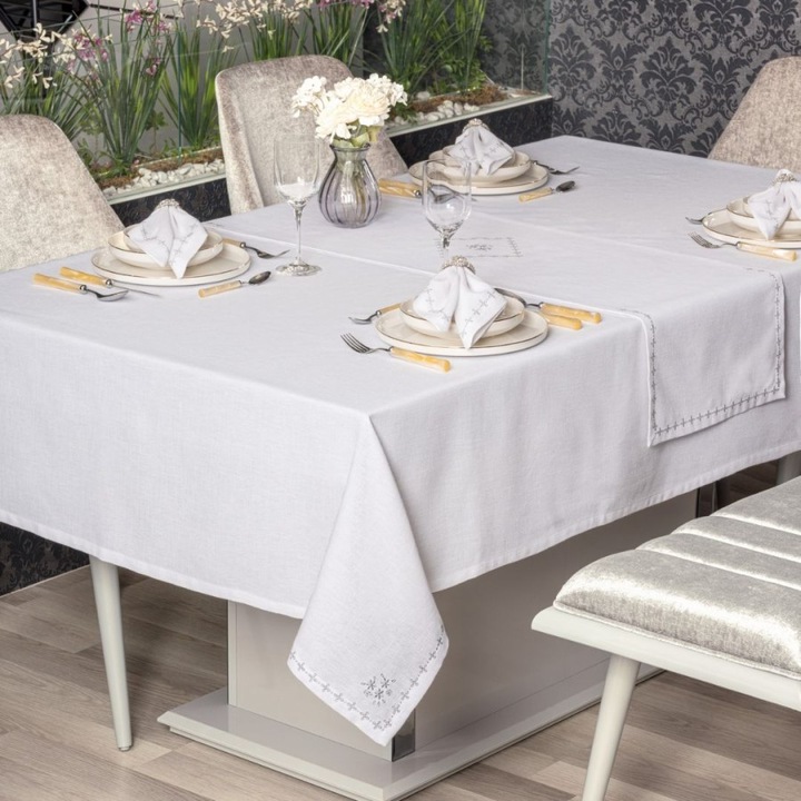 Set Fata de masa cu broderii, dreptunghiulara, 8 piese, 172x240 cm, Cottonbox, Pera Alb
