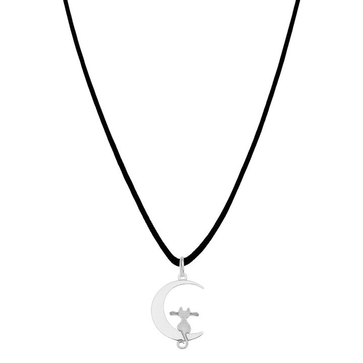 Colier cu pandantiv Pisica pe Luna din Argint 925, snur negru, reglabil pana la 45 cm