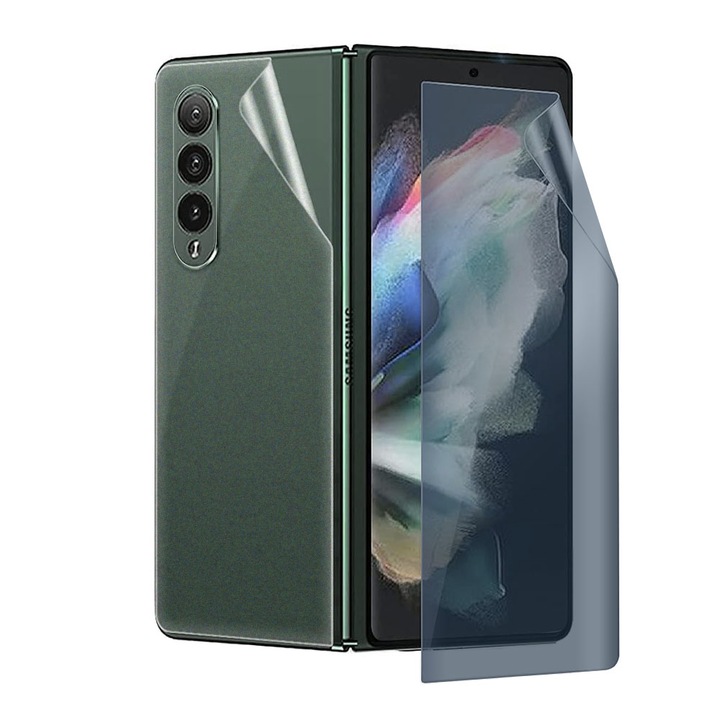 Anti-BlueRay védőfólia külső képernyő és matt hátfólia készlet Samsung Galaxy Z Fold5 5G / Z Fold 5 5G készülékhez, regenerálható szilikon hidrogél, rugalmas hidrokristály, optimális megoldás, kék fény gátló, teljes ragasztó, egyszerű telepítés