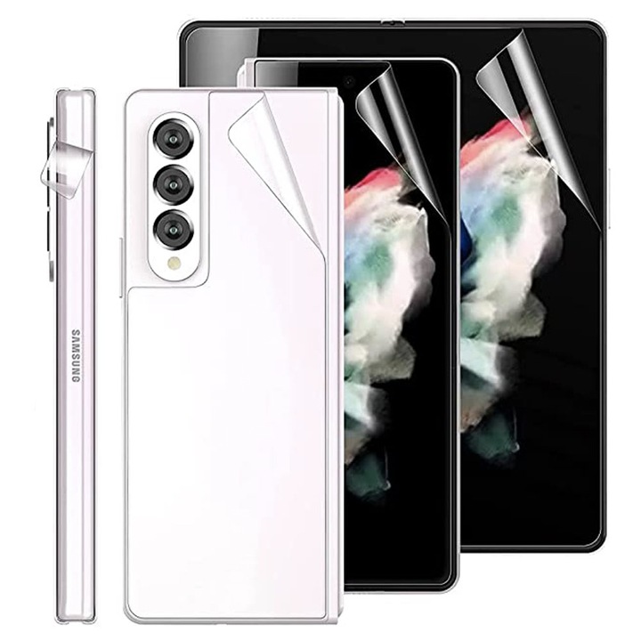 Teljes készlet átlátszó főképernyő fóliával, átlátszó külső kijelzővel, hátul és Clear SlideBar Samsung Galaxy Z Fold5 5G / Z Fold 5 5 g-hoz, regenerálható szilikon hidrogél, rugalmas hidrokristály, optimális megoldás, teljes ragasztó, egyszerű telepítés