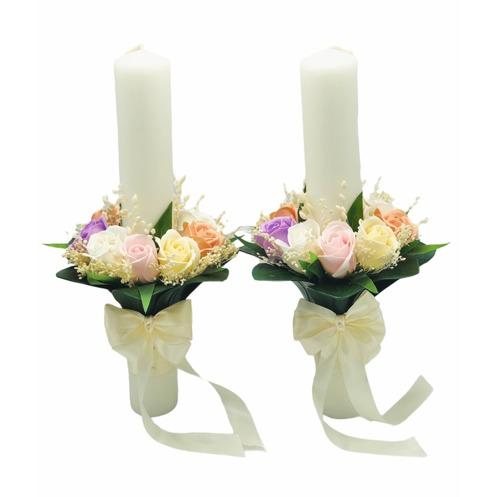 Set Lumanari nunta / botez, 40 cm, multicolor, trandafiri din sapun - Eventissimi