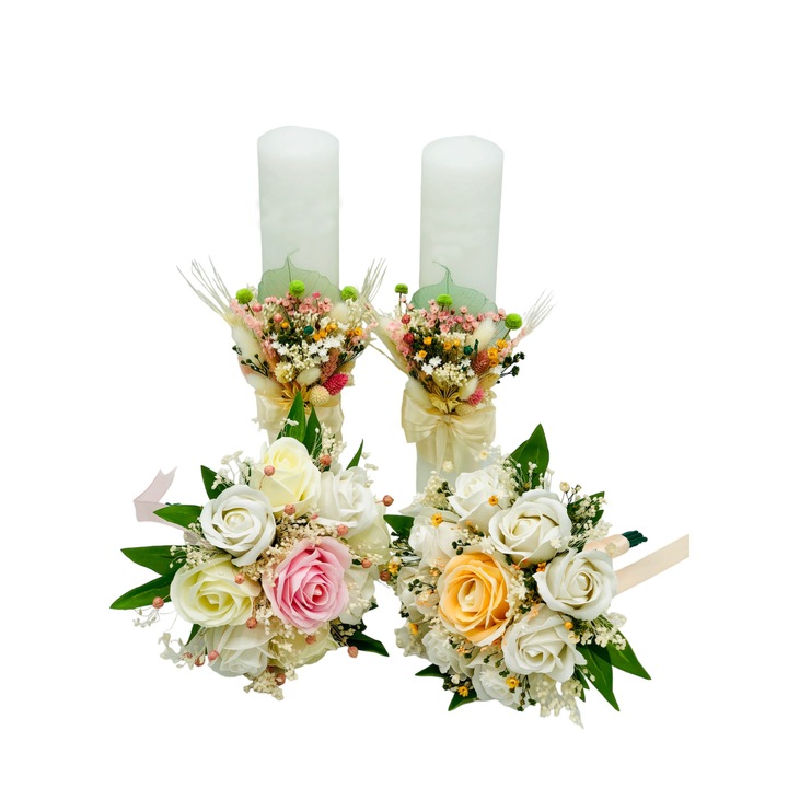 Set nunta, 2 lumanari 30 cm cu aranjament frontal, 2 buchete mici cu 9 trandafiri (Multicolor) - Eventissimi