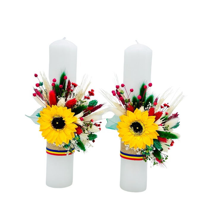 Set lumanari nunta sau botez traditionale cu plante uscate si floarea soarelui din foita de sapun (Multicolor) - Eventissimi