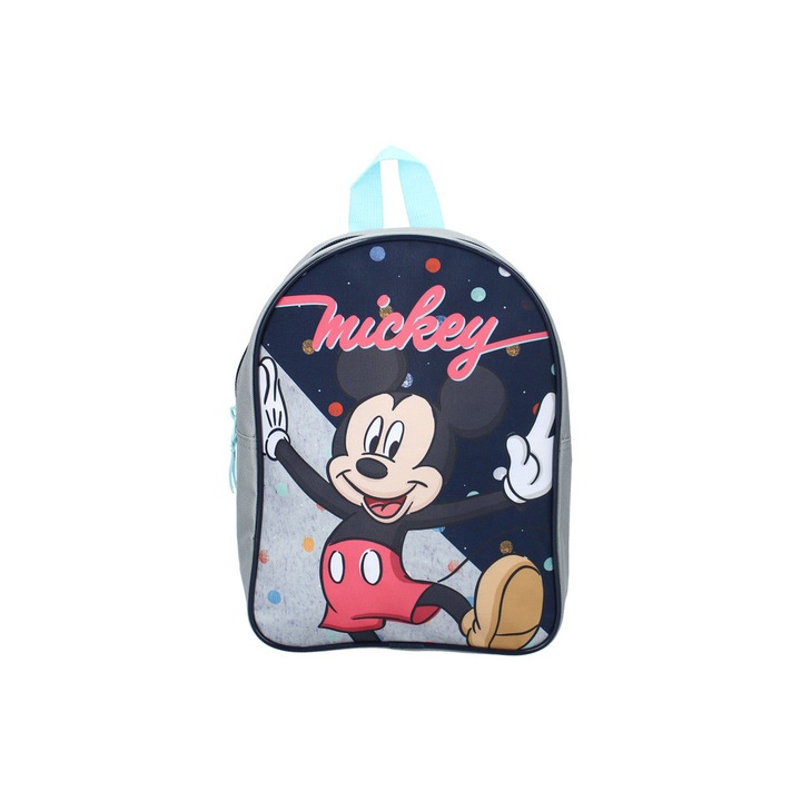 Ghiozdan poliester, Mickey Mouse cu buline, gri, 29 x 9 x 22 cm
