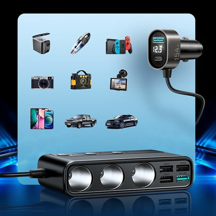 Incarcator auto Joyroom JR-CL06, 5 Porturi USB si 1 Port USB-C, Afisaj LED, 154W, Quick Charge 3.0, Lungime cablu 1m, Negru