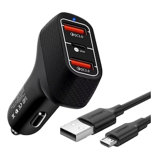Incarcator Auto Daden, Quick Charge 3.0, cu 3 Porturi de incarcare, 20W, USB/USB-C, Plus Cablu de incarcare Micro-USB, Negru