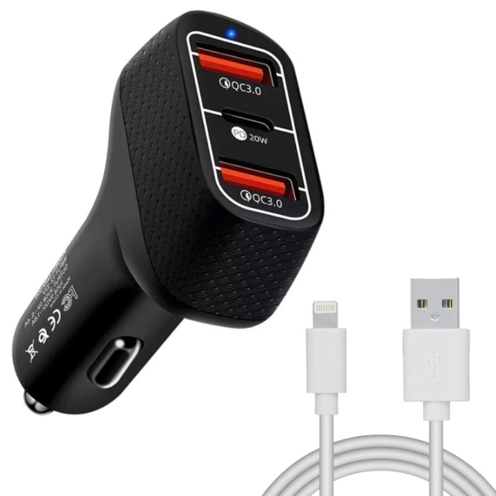 Daden autós töltő, Quick Charge 3.0, 3 töltőporttal, 20 W, USB/USB-C, plusz Lightning töltőkábel, fekete