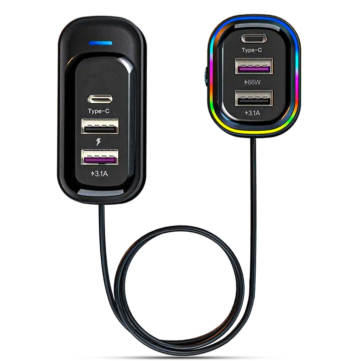 Incarcator auto 66W Super Fast Charge, Timebox, 6 in 1, USB-C, USB, Lumini LED, Universal, Compatibil Samsung, iPhone, Huawei