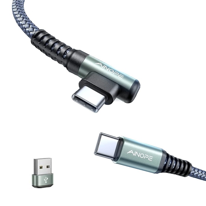 Cablu incarcare/date, Ainope 3 in 1, USB C la USB C, plus USB A, unghi drept, Quick charge, 2m