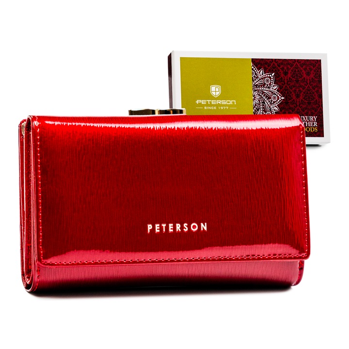 Portofel dama, Peterson, PTN 42108-SH RED, Piele naturala, Capse, 14x9x3.5cm, Rosu/Auriu