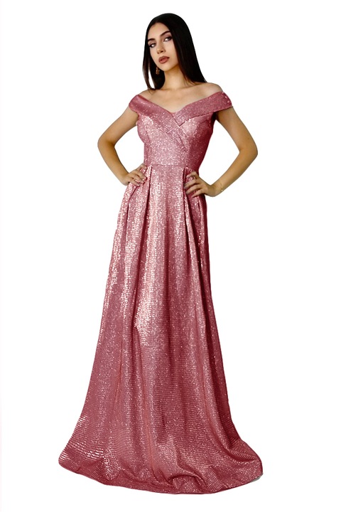Дълга рокля Elize, с фини плисета и деколте с маншети на раменете, Червен, Универсален размер S/M