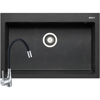 Pachet chiuveta granit Pyramis Starflex + Baterie, pipa flexibila, monocomanda, cartus ceramic, 760x500 mm, montare pe blat, valva pop-up, Negru