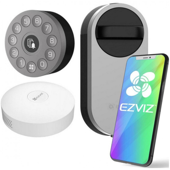 Incuietoare inteligenta EZVIZ DL01S, cu tastatura multifunctionala si gateway A3 Home, acces de la distanta si functie Bluetooth, inchidere electronica a usii, Gri