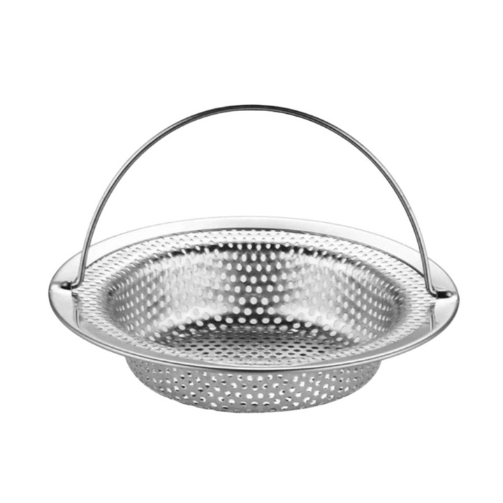 Sita chiuveta din inox, cu maner, pentru colectare reziduri si bariera impotriva insectelor, 12 cm, Argintie