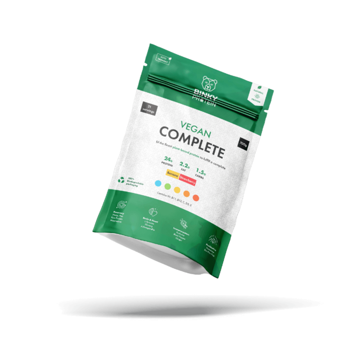 Supliment alimentar cu proteine vegane, pudra proteica vegana, BINKY, Vegan Complete, imbogatit cu vitamine, minerale si superalimente, capsuni si banane,700gr