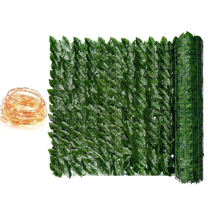 Set Gard Paravan Viu cu Frunze Artificiale, Verde Inchis, 300cm x 100 cm si Instalatie Liniara cu 8 Jocuri de Lumini, Fir Cupru, 10 metri, 100 LED -uri, Alb Cald