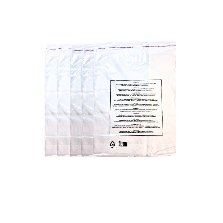 Set 100 Pungi LDPE cu clapeta auto adeziva 40 my, cu mesaj anti-sufocare tradus in 10 limbi, 30 cm x 40 cm