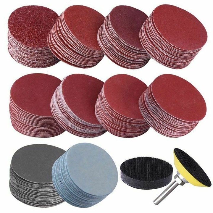 Set de smirghel de 2 inci cu 200 de bucati + tava de slefuit cu burete abraziv - smirghel autoadeziv cu granulatie multipla, set de scule de lustruit si slefuit pentru burghiu electric