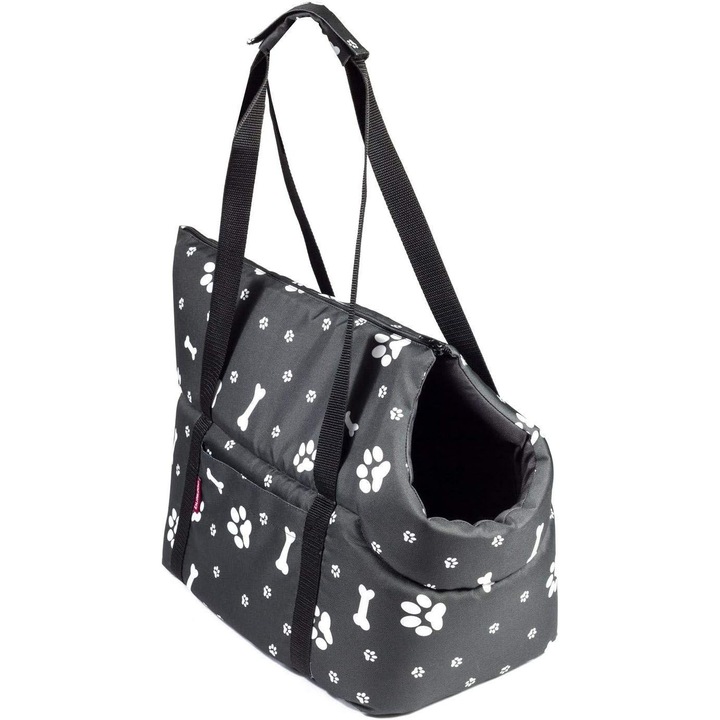 BOUTIQUE ZOO Szállítótáska kutyáknak és macskáknak, M 38 x 28 x 28 cm, fekete, Nagy kutya mancs és csont minta