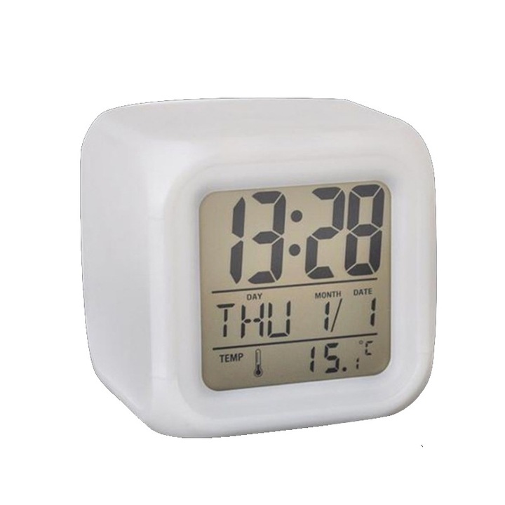 Ceas desteptator digital copii Herusi multifunctional, lumina noapte 7 culori, temperatura, 12x8x5cm