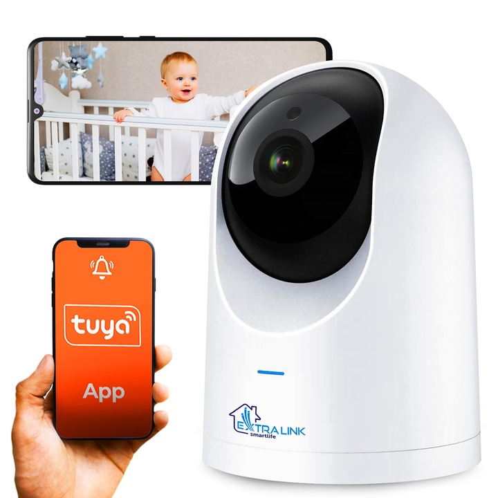 Camera IP PTZ de interior Extralink Smart Life HomeEye, Wi-Fi 2,5K (4MP), functie de niana, monitorizare live, detectie miscare, compatibila Tuya, vizualizare pe iOS/Android