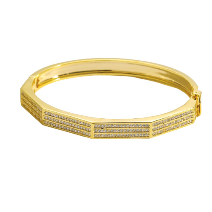 Фиксирана гривна Bangle, геометричен модел с кристали от циркон, неръждаема стомана, магнитна закопчалка, безопасно затваряне, 18K златно покритие, Tessero, златист