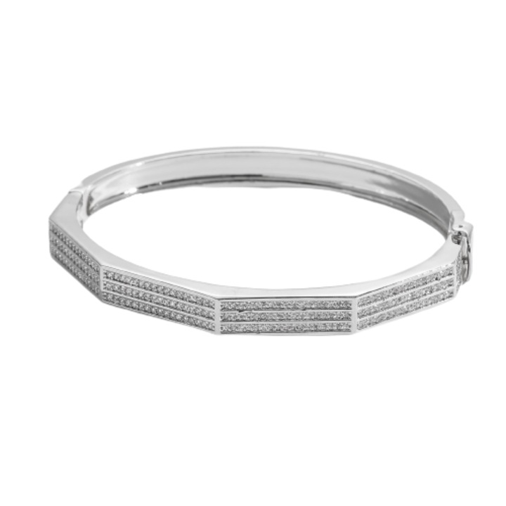 Фиксирана гривна Bangle, геометричен модел с кристали от циркон, неръждаема стомана, магнитна закопчалка, безопасно затваряне, 18K златно покритие, Tessero, сребро