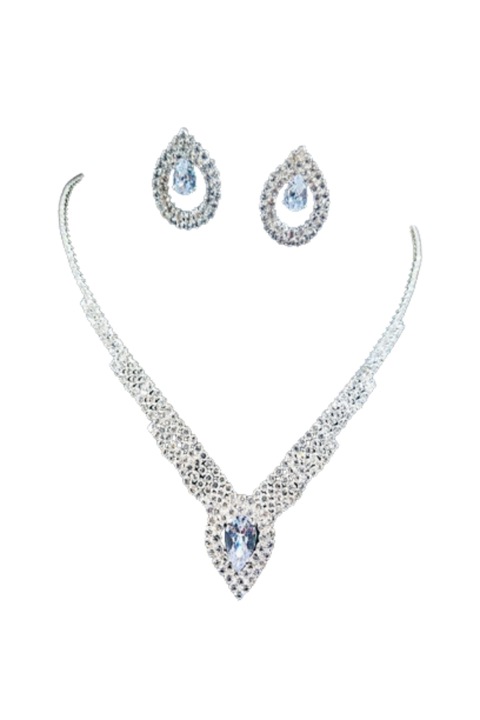 Colier si cercei Tears, Fashion Jewelry, Argintiu, Pietre albe