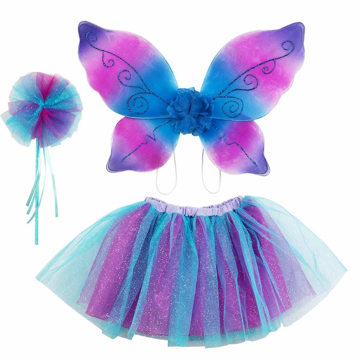 Costum de zana fluture Mariposa Imaginarium Attrezzo Butterfly Blue, 98 - 116 cm, 3 - 6 ani, 3 piese cu fusta din 2 straturi, bagheta magica si aripi reglabile