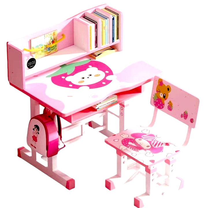 Set birou multifunctionabil, reglabil, pentru copii prescolari si scaun ergonomic, desen fetita cu ursuleti, dimensiune 75x45 cm