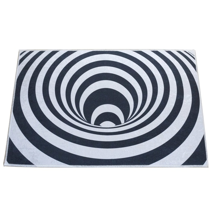 Килим Pin Trаde SRL Kino 3D, 50x80cm,100% Полиестер, Черно/Бял, Кръгове