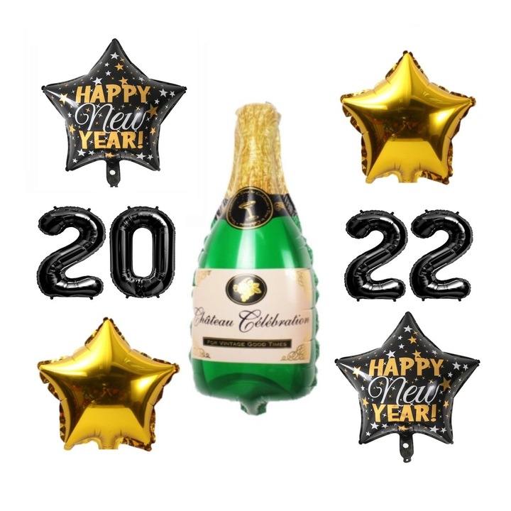 Set 9 baloane folie tematica Revelion, Balon Sampanie, cifre 2022 negre, stele auriu, baloane stea Happy New Year