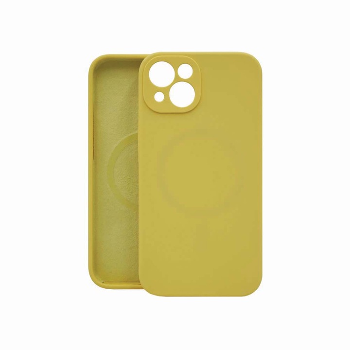 Husa BestCase® Liquid Silicone with MagSafe, Compatibila Cu Apple iPhone 14, SLIM 1.5MM, Microfibra in interior, Antisoc, Protectie Camera, Margini ridicate pentru protectia ecranului, Galben