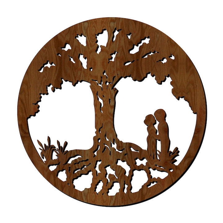 Декорация за стена, Lovie Двойка влюбени с Дървото на Живота, кръг, 60x60cm, Орех